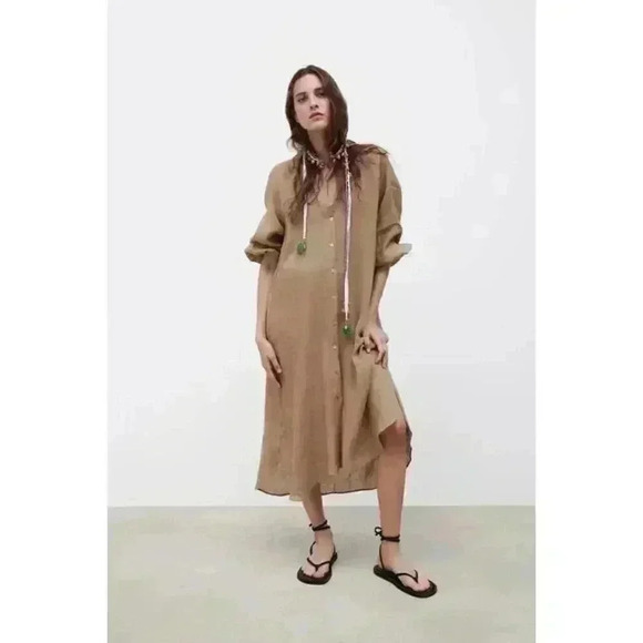 New Zara Linen Shirt Dress Camel New Buttons - Picture 3 of 15